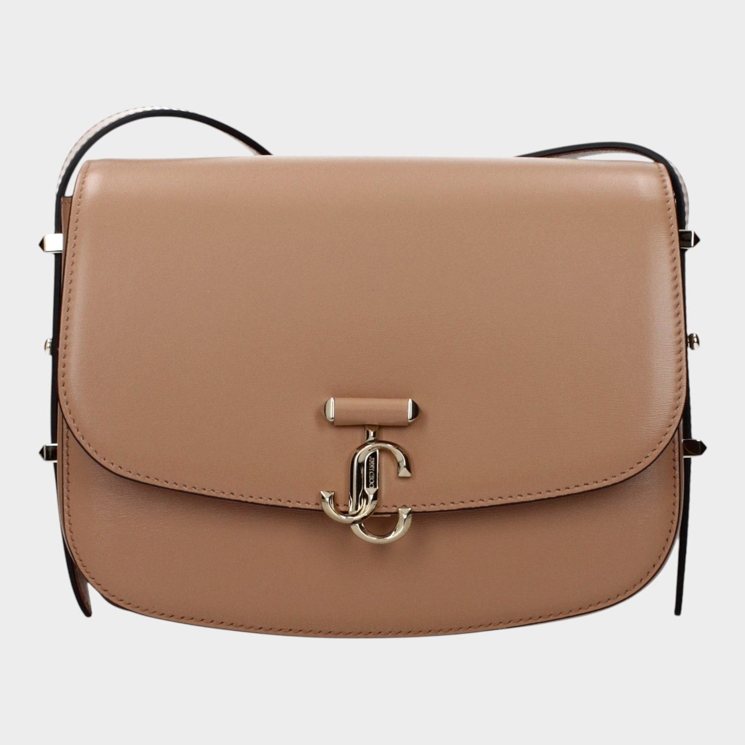 Esmire & Co Jimmy Choo brown leopard print suede crossbody bag with gold logo hardware and adjustable strap