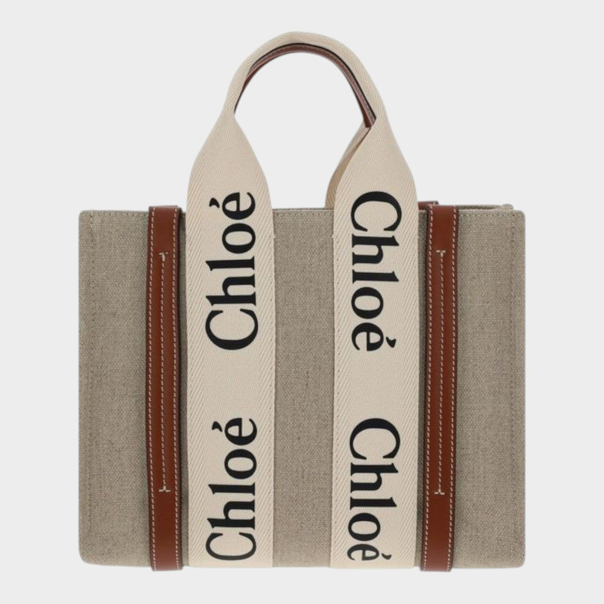 Esmire & Co Chloé Woody brown linen tote bag with cream logo straps and brown leather trim details.