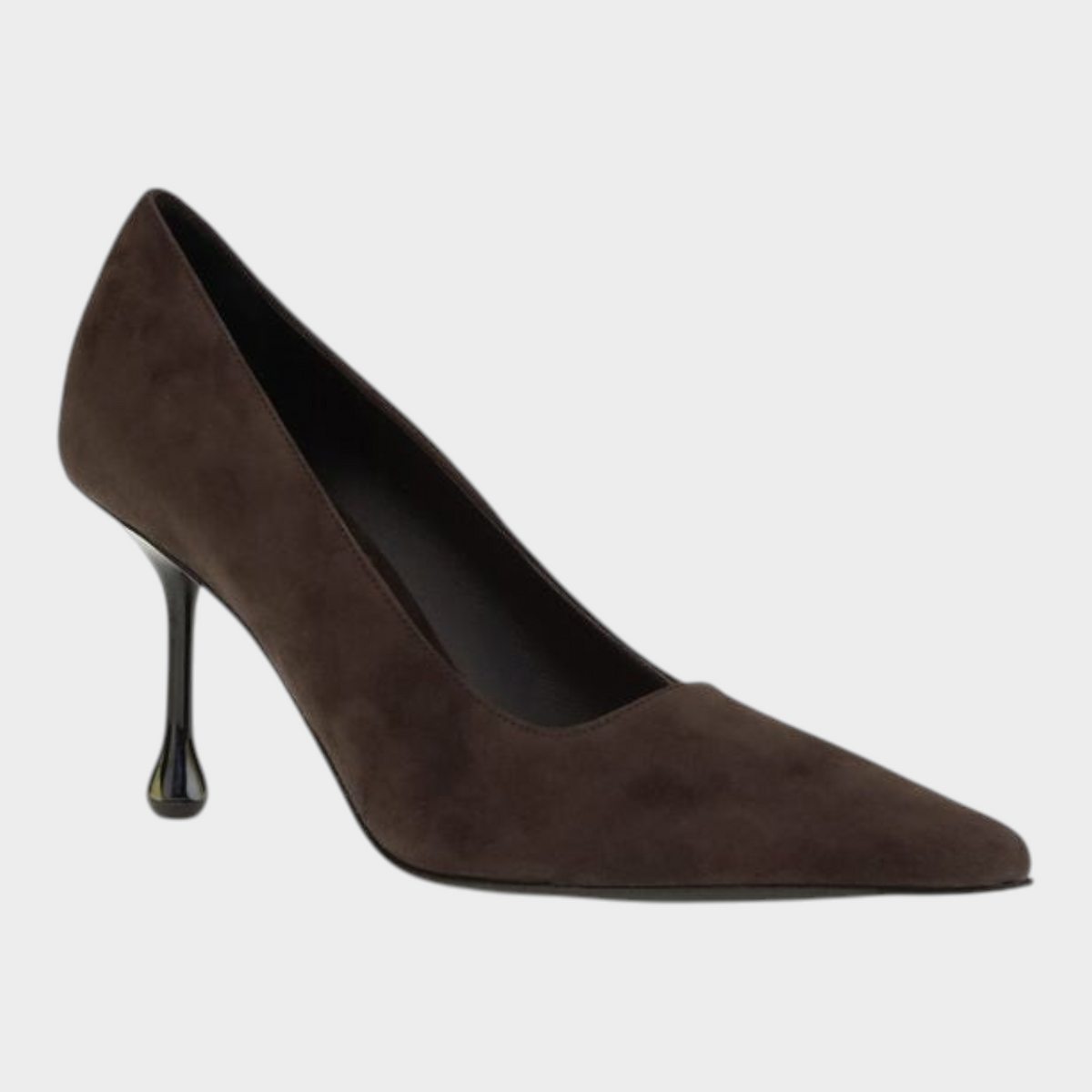 Esmire & Co Jimmy Choo Ixia dark brown suede pumps with a pointed toe and sculptural drop heel