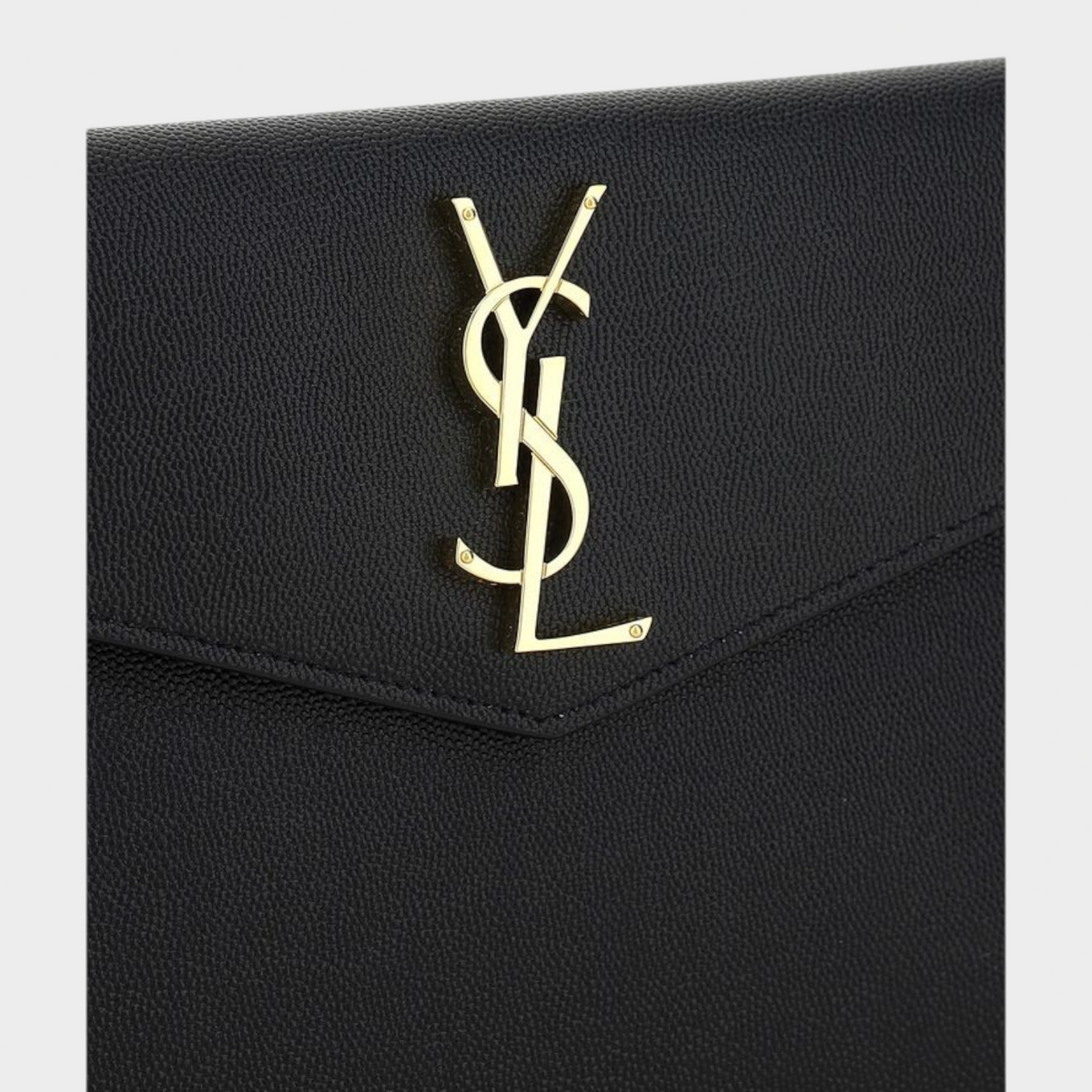 Esmire & Co Saint Laurent black calf leather pochette with gold-tone YSL logo plaque and magnetic closure