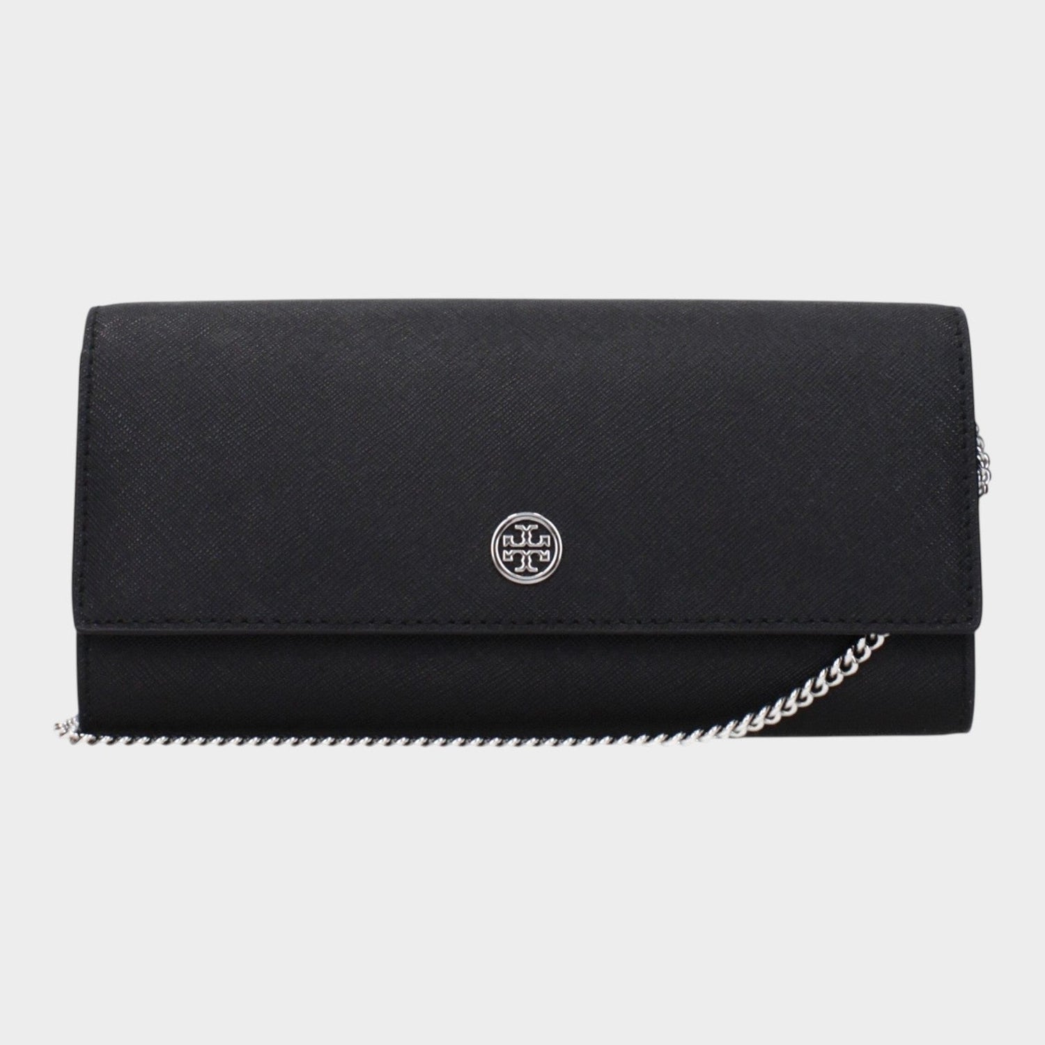 Esmire & Co Tory Burch black leather clutch bag with front logo and removable silver chain shoulder strap