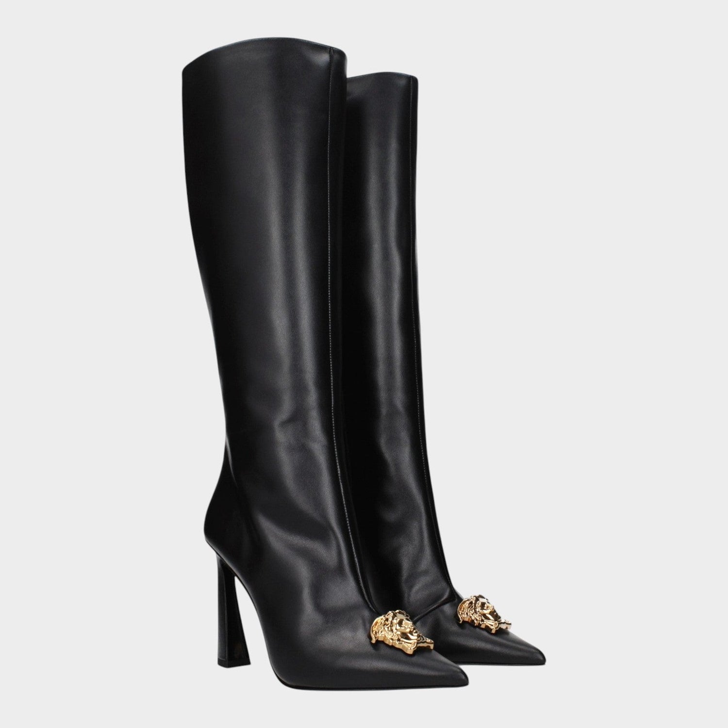 Esmire & Co Versace black leather high heel boots with gold Medusa front detail and pointed toe