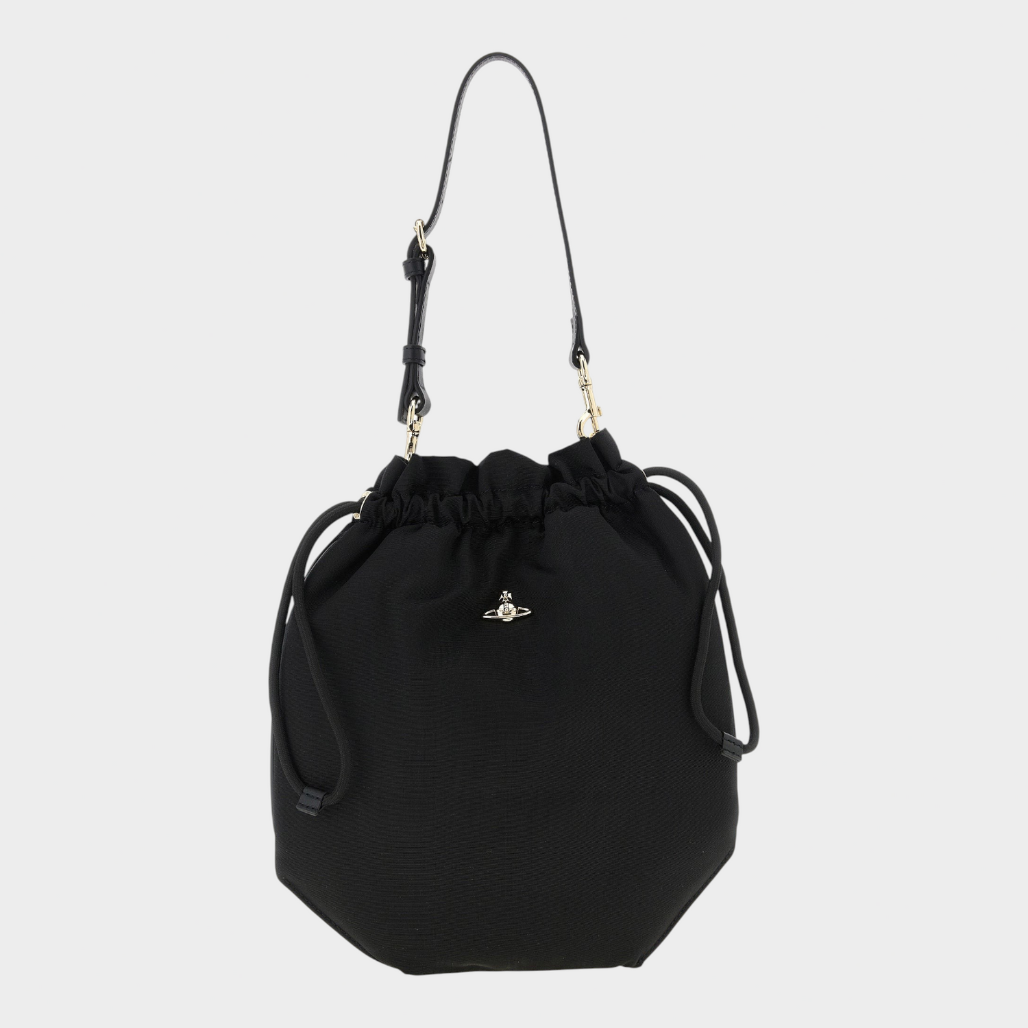 Esmire & Co Vivienne Westwood black moiré drawstring pouch handbag with iconic metal Orb emblem and adjustable handle.