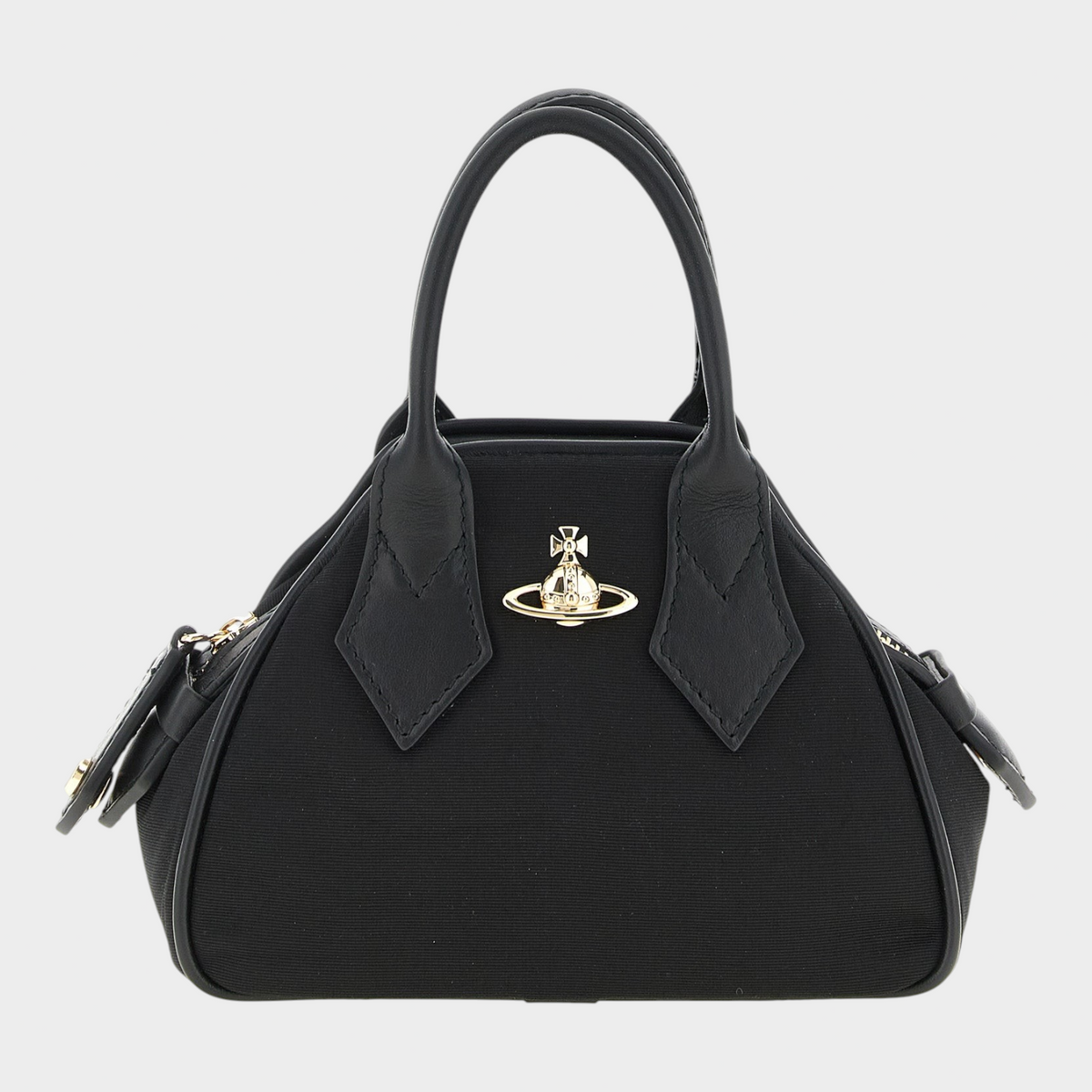 Esmire & Co Vivienne Westwood black moiré mini Yasmine satchel with gold Orb emblem and structured top handles.