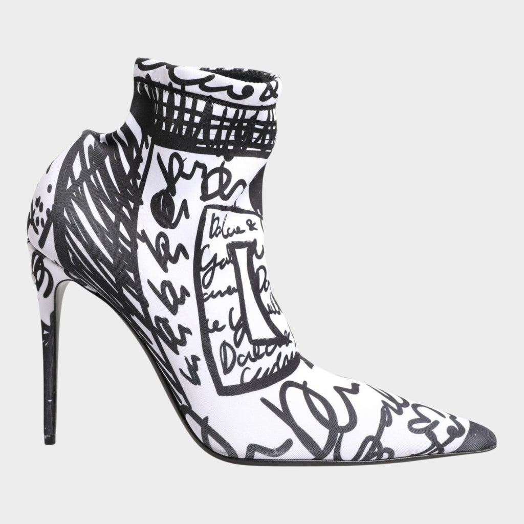 Dolce & Gabbana White Graffiti Stretch Ankle Boots Shoes