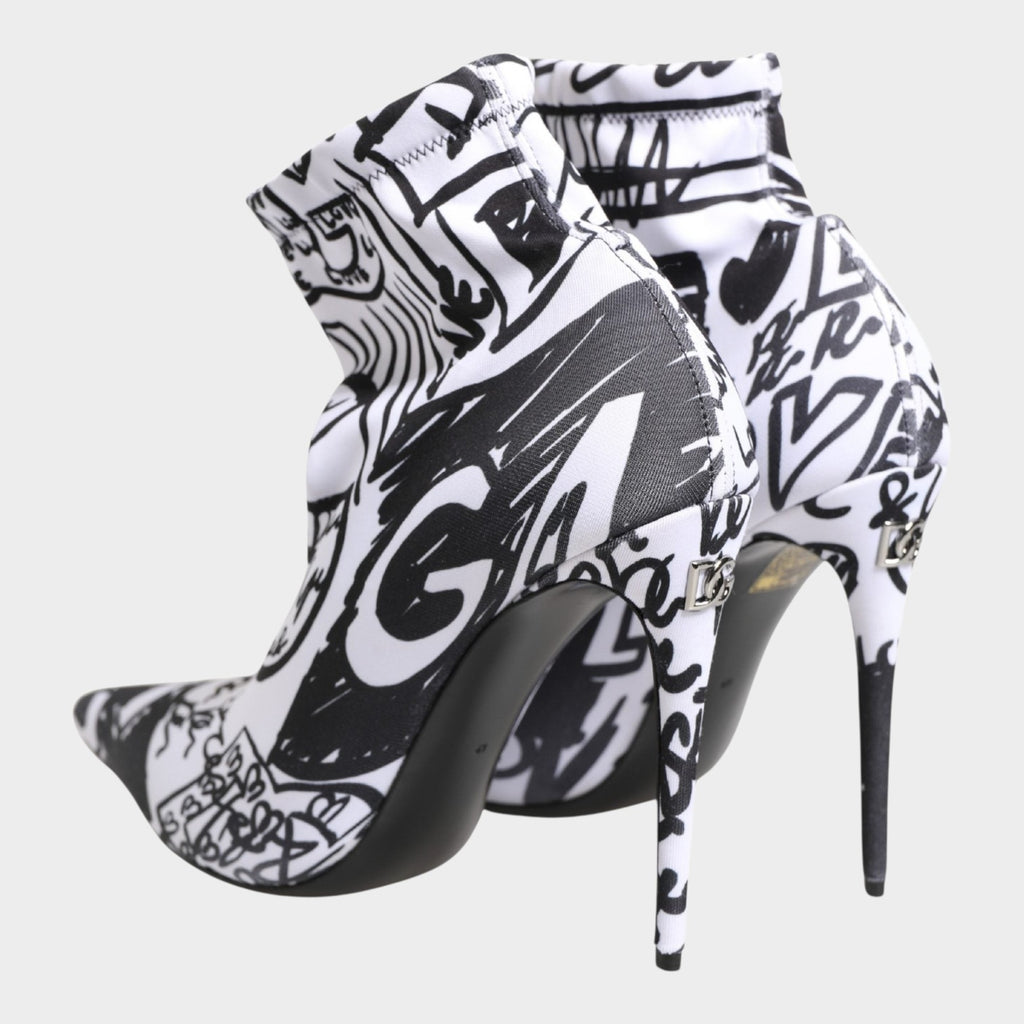 Dolce & Gabbana White Graffiti Stretch Ankle Boots Shoes