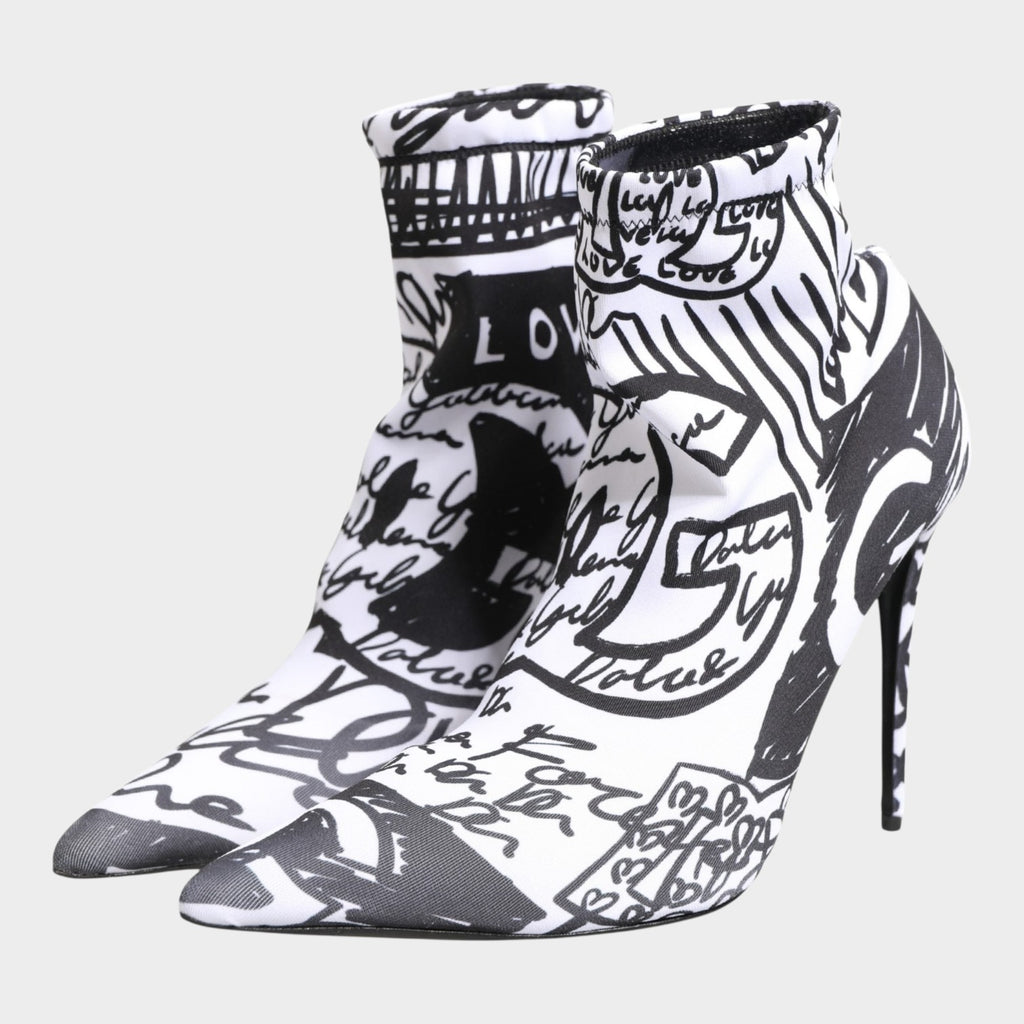 Dolce & Gabbana White Graffiti Stretch Ankle Boots Shoes