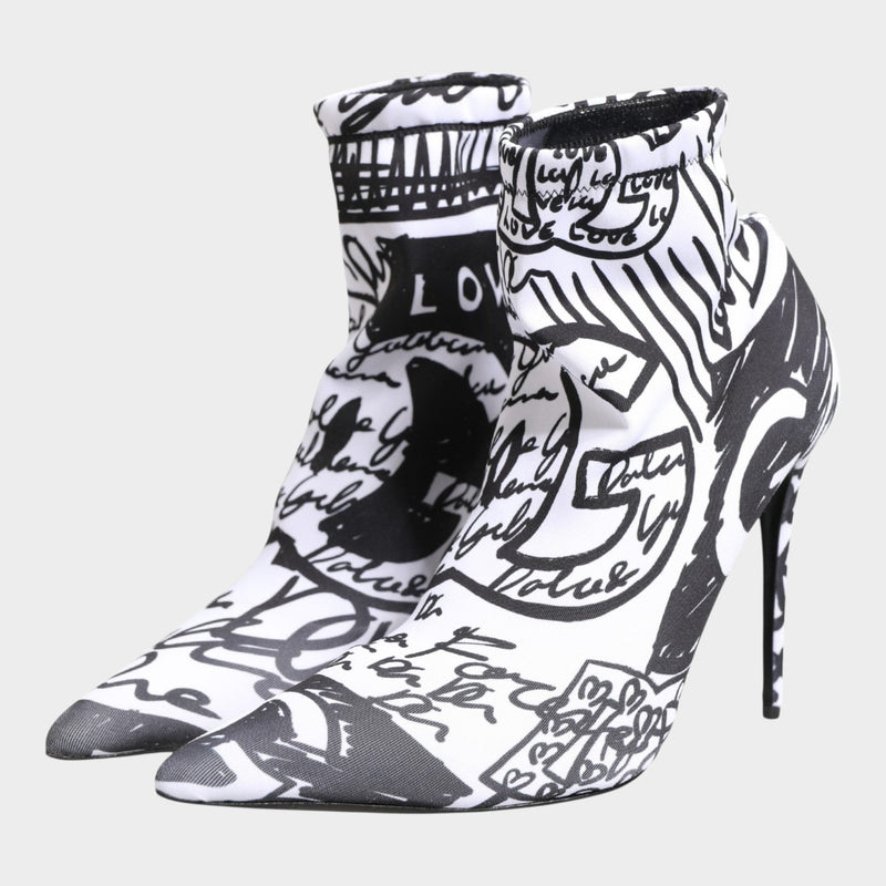 Dolce & Gabbana White Graffiti Stretch Ankle Boots Shoes