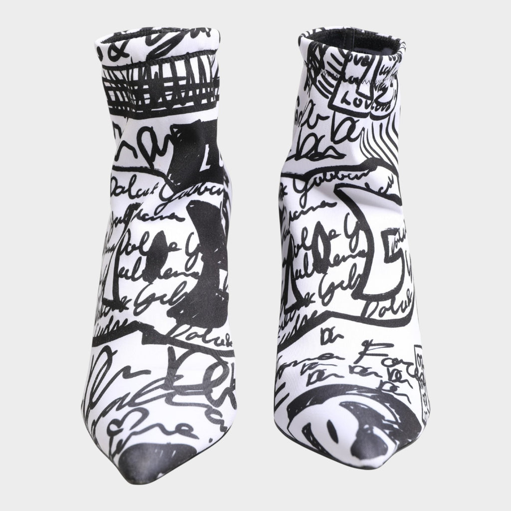 Dolce & Gabbana White Graffiti Stretch Ankle Boots Shoes