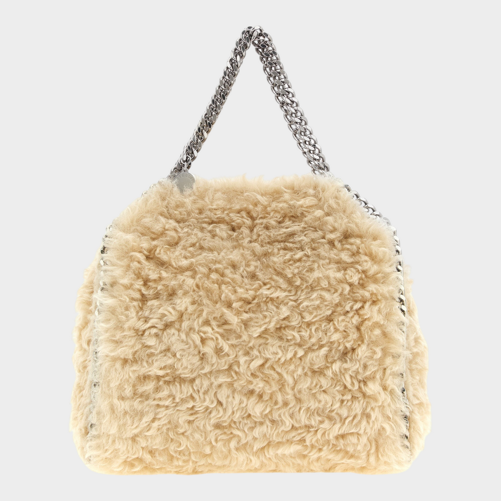 Esmire & Co beige shearling-effect polyester Falabella mini handbag with silver diamond-cut chain handle
