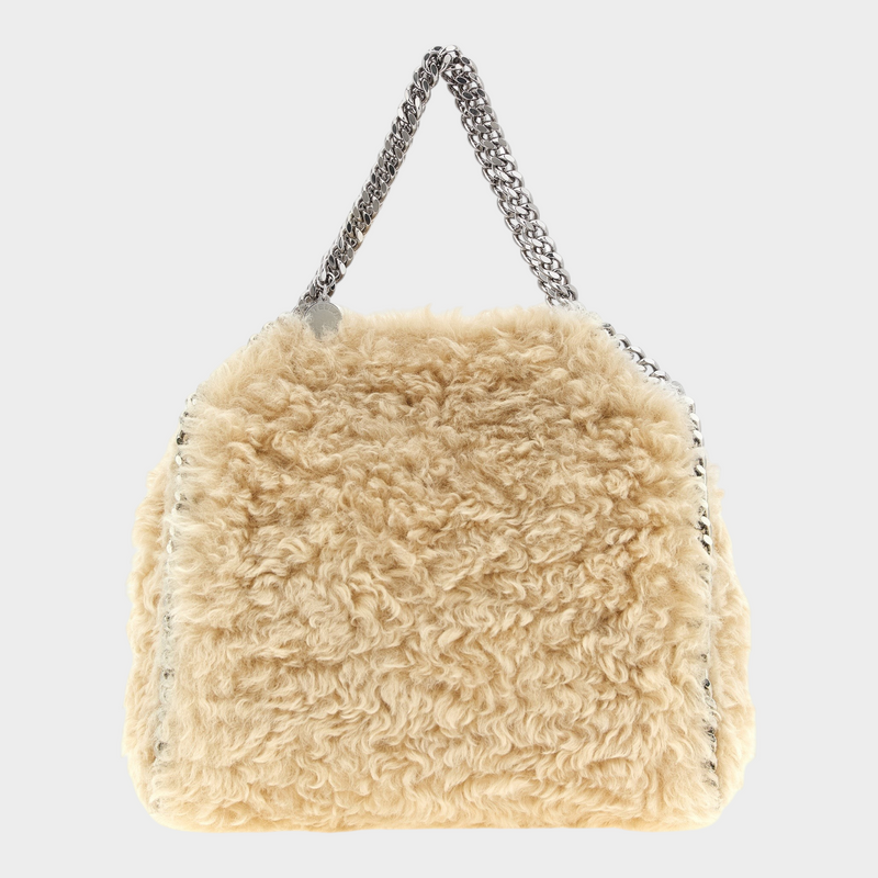 Esmire & Co beige shearling-effect polyester Falabella mini handbag with silver diamond-cut chain handle