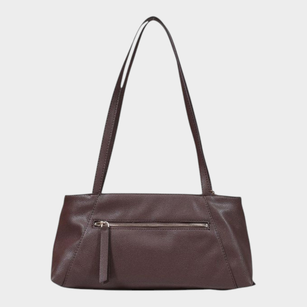 Esmire & Co brown textured polyurethane handbag with a slim silhouette, double handles, and a rear zippered pocket.