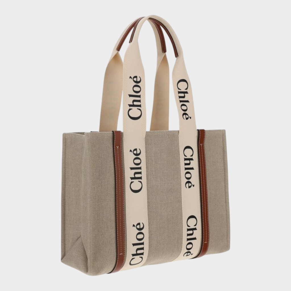 Esmire & Co Chloé beige linen Woody tote bag with logo-branded handles and brown leather trim details.