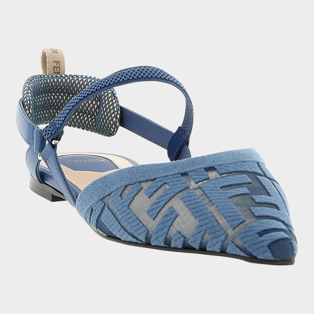 Esmire & Co light blue FENDI Colibrì Lite pointed slingback flats in technical mesh with FF motif and elastic strap.