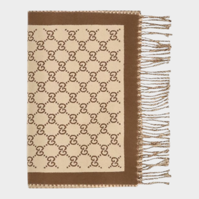 Esmire & Co Gucci beige and brown merino wool scarf with all-over GG logo motif and fringed edges