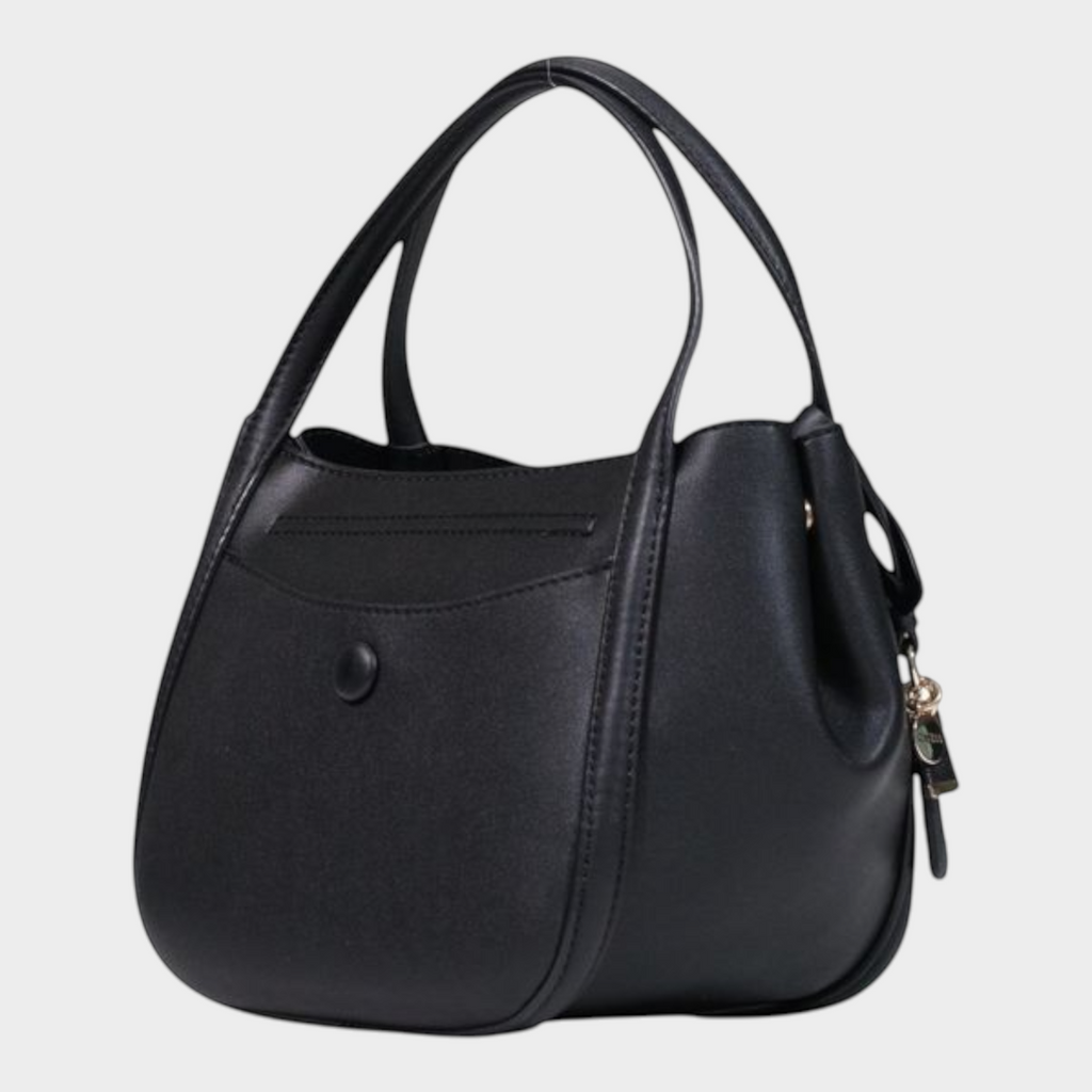 Esmire & Co Guess black polyurethane Lucci girlfriend satchel with double handles and gold charm detail