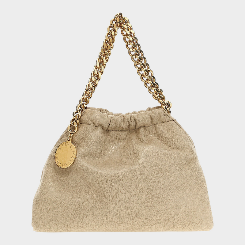 Esmire & Co Stella McCartney beige vegan polyester crossbody bag with signature gold diamond-effect chain strap.