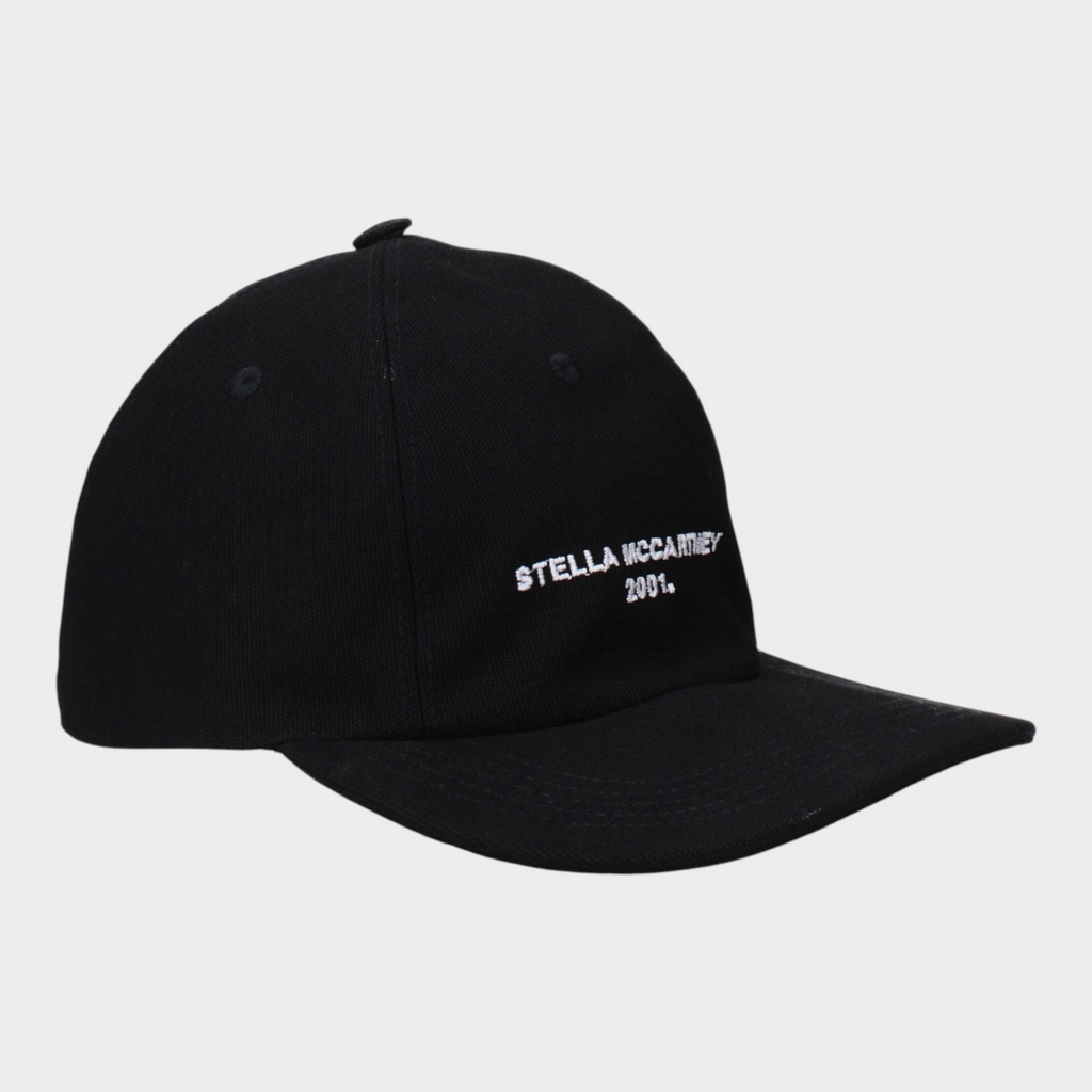 Esmire & Co Stella McCartney black cotton baseball cap with white embroidered front logo and strap closure