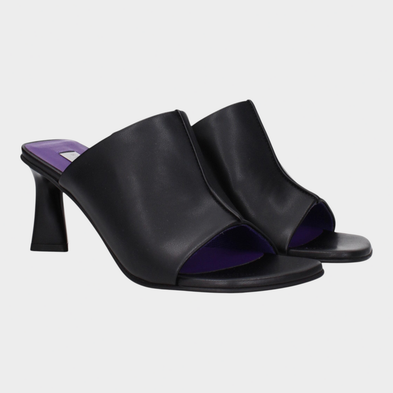 Esmire & Co Stella McCartney black eco leather open-toe mule sandals with a sculpted mid heel and purple insole.