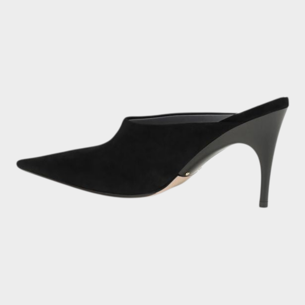 Esmire & Co Balenciaga black suede mules featuring a sleek pointed toe and elegant stiletto heel in a slip-on style.