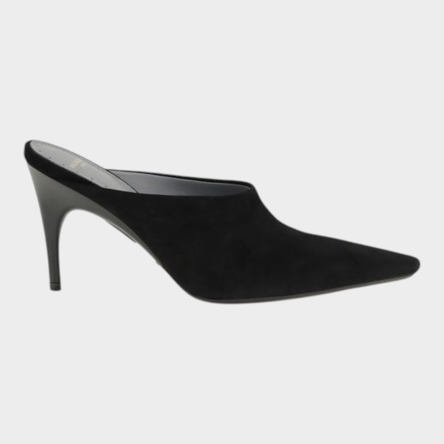 Esmire & Co Balenciaga black suede mules featuring a sleek pointed toe and elegant stiletto heel in a slip-on style.