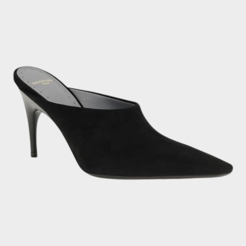 Esmire & Co Balenciaga black suede pointed-toe mule with a sleek stiletto heel and minimalist slip-on design.