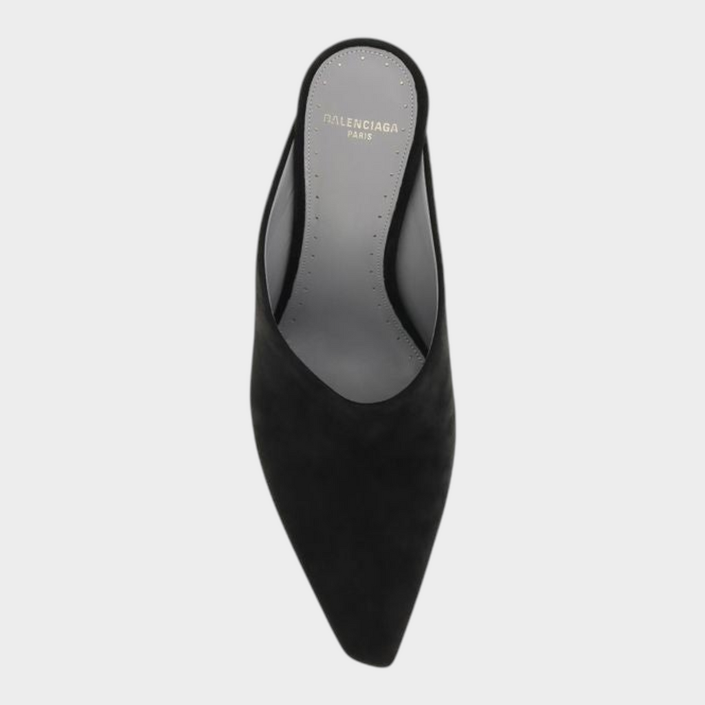 Esmire & Co Balenciaga black suede mules with a pointed toe and slip-on design, viewed from above.