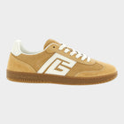 Esmire & Co beige calfskin suede low top sneakers with white logo detail, perforation, and gum rubber sole.