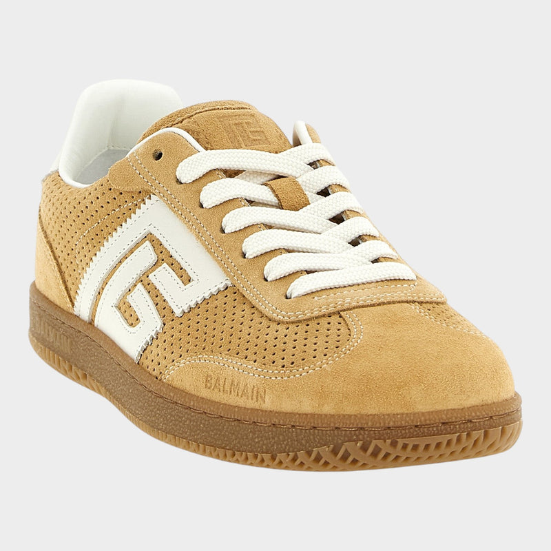 Esmire & Co beige calfskin suede low top sneakers with white logo detail, lace-up closure, and textured rubber sole.