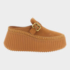 Esmire & Co beige calfskin suede wedge sandals with a gold metal buckle and contrast stitching on a platform sole