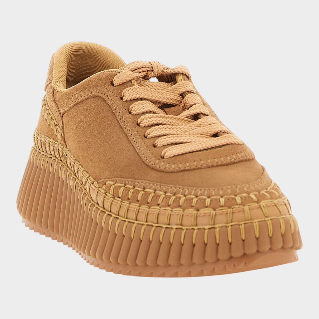 Esmire & Co beige polyester platform sneakers with suede upper, handmade stitching, and a grooved rubber sole.