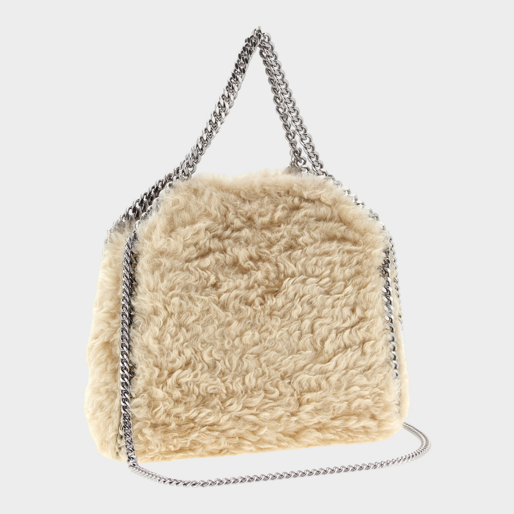 Esmire & Co beige shearling-effect polyester Falabella mini handbag with silver chain strap