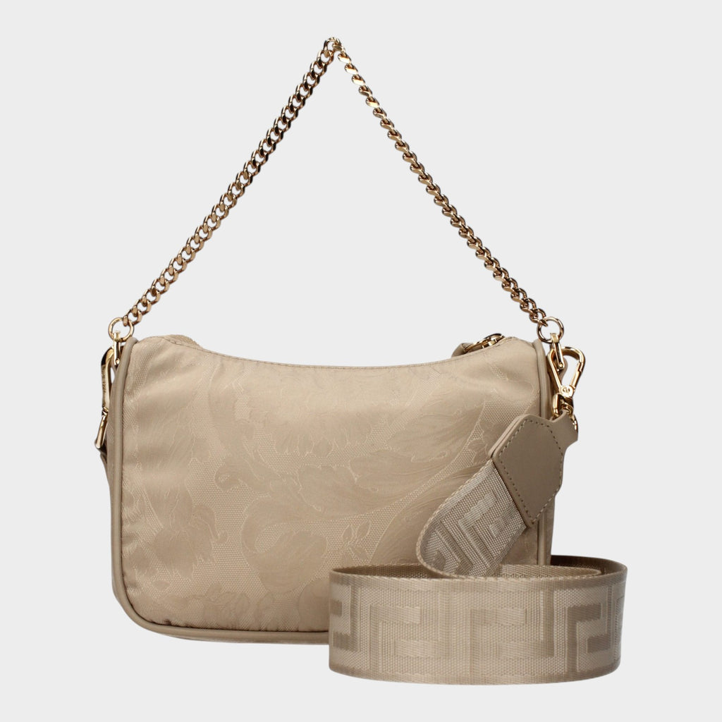 Esmire & Co beige fabric handbag by Versace featuring a gold chain handle and a removable patterned shoulder strap.
