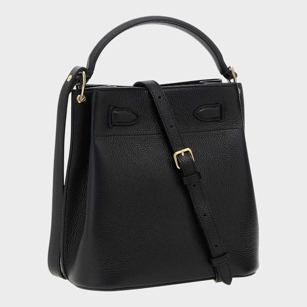 Esmire & Co black hammered calfskin leather bucket bag with fixed handle, adjustable strap, and gold metal hardware.