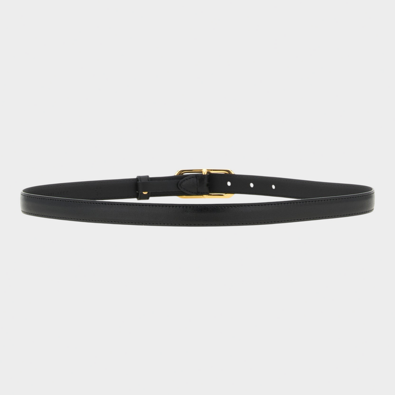 Esmire & Co black calfskin leather thin belt featuring a gold oval buckle and iconic FF logo detail.