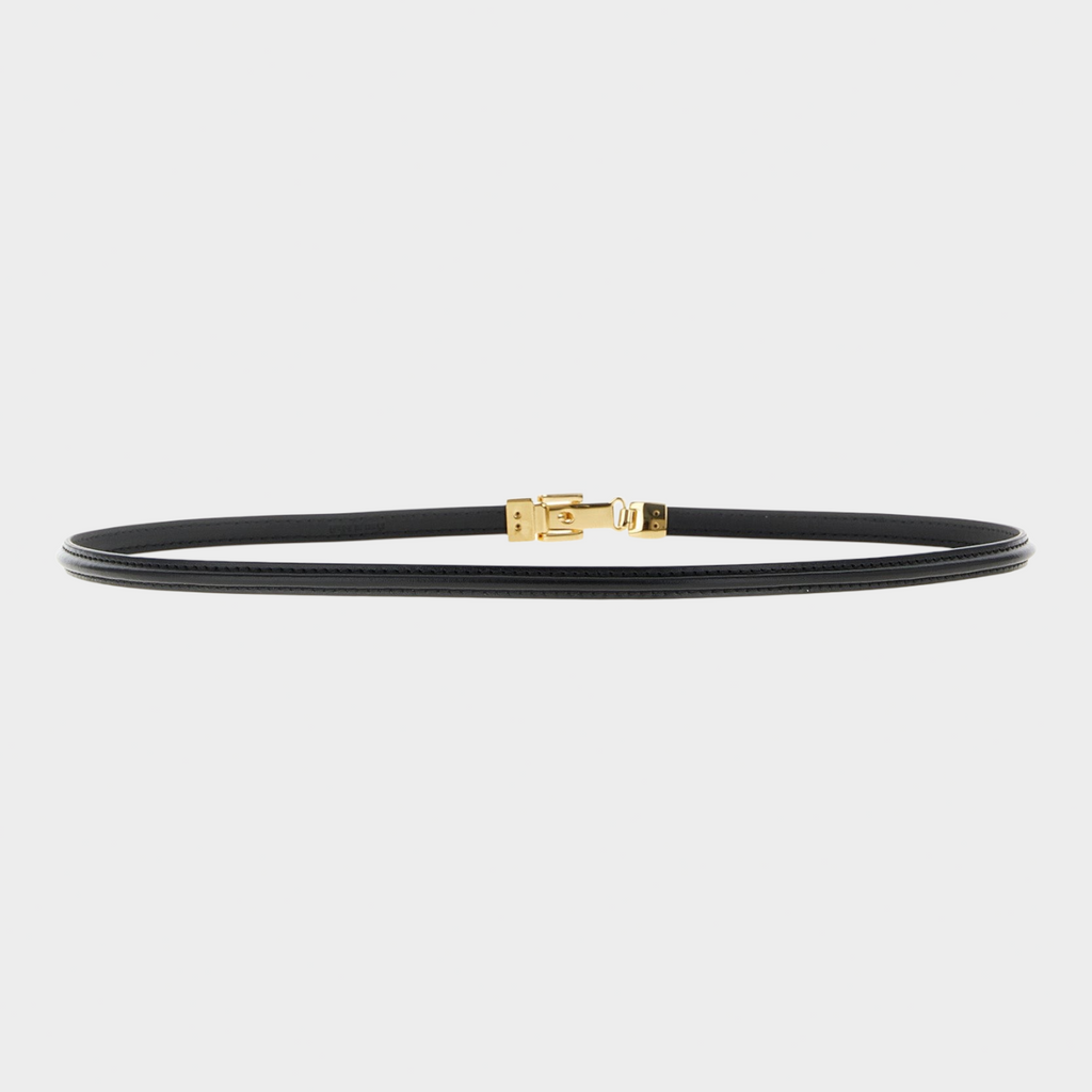 Esmire & Co thin black calfskin leather belt with a gold-tone metal logo buckle against a plain background.