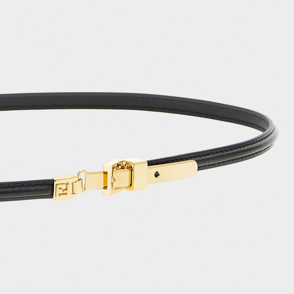 Esmire & Co black calfskin thin belt featuring a shiny gold metal FF logo buckle and adjustable closure