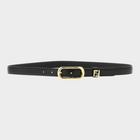 Esmire & Co black calfskin thin belt with a gold oval buckle and FF logo detail on a leather loop.