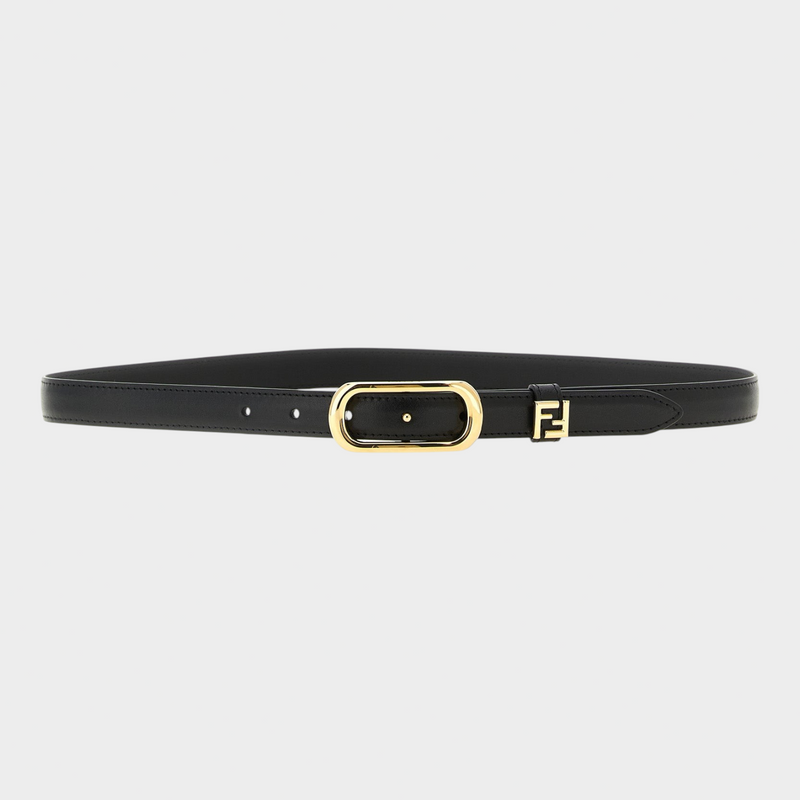 Esmire & Co black calfskin thin belt with a gold oval buckle and FF logo detail on a leather loop.