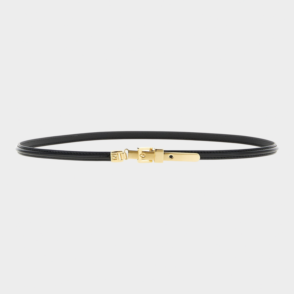 Esmire & Co black calfskin thin belt with a shiny gold-tone metal loop closure featuring the iconic FF logo.