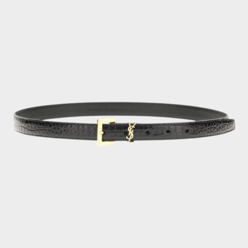 Esmire & Co black crocodile-embossed calf leather belt with a gold-tone square buckle and iconic Cassandre logo.