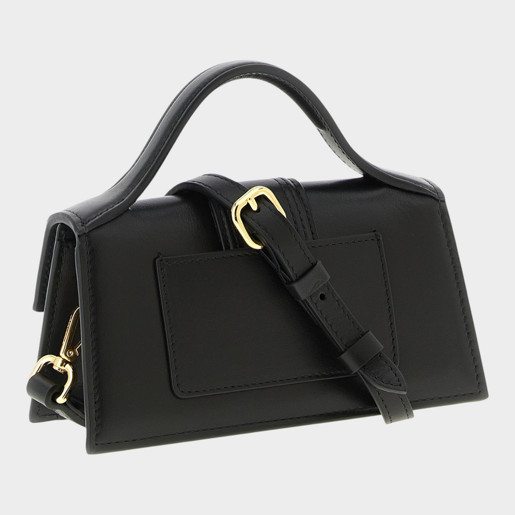 Esmire & Co black cowhide leather Jacquemus Le Bambino handbag with gold buckle detail and fixed top handle