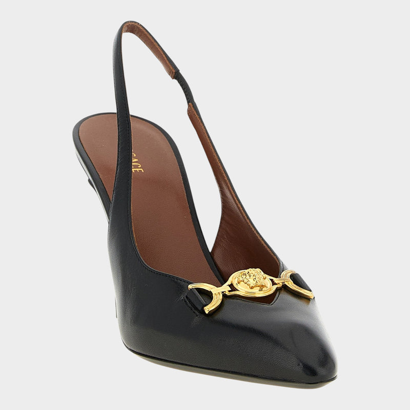 Esmire & Co black lamb leather slingback heels with gold Medusa hardware and stiletto heel