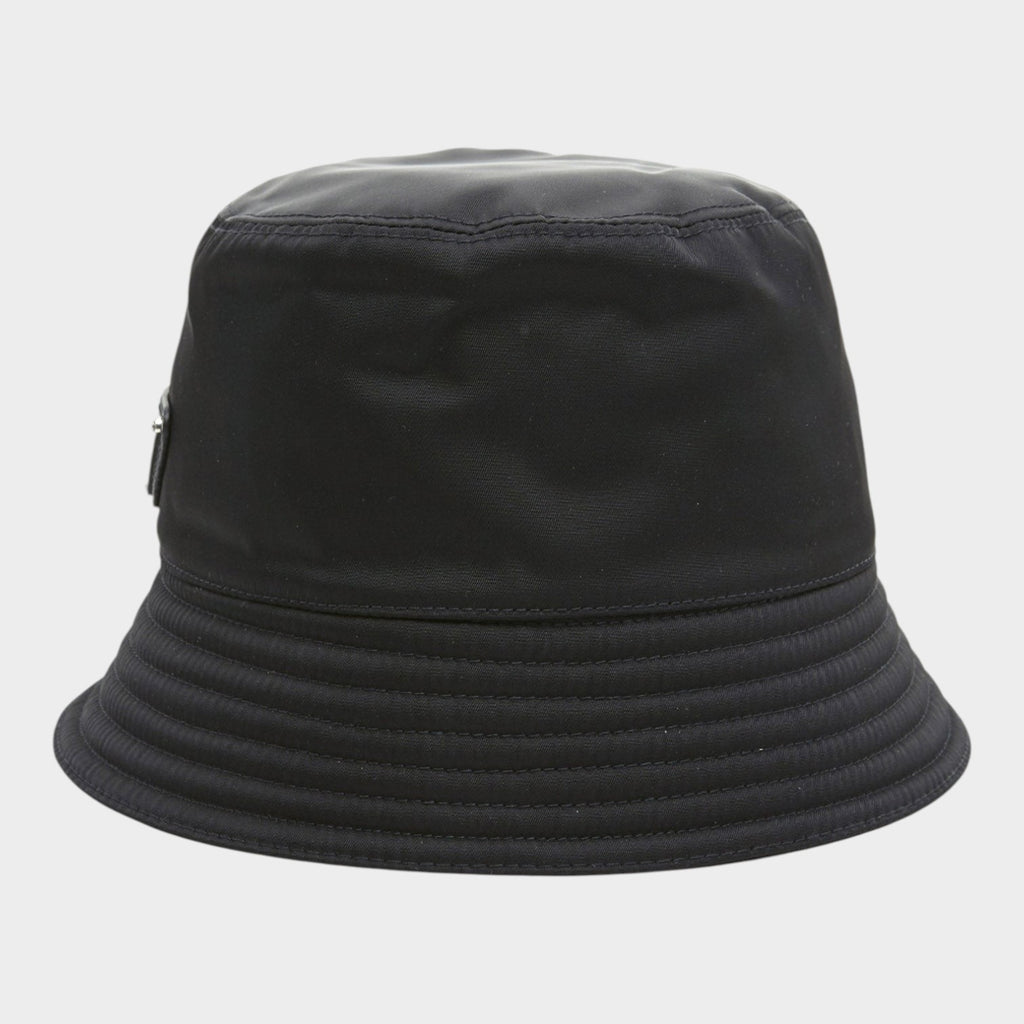 Esmire & Co black nylon bucket hat featuring a signature triangle logo on the side, crafted in Italy.