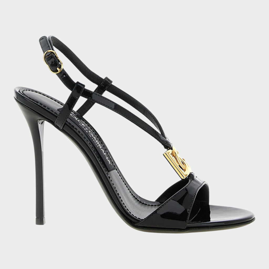 Esmire & Co black patent calfskin stiletto sandals with gold DG logo and adjustable ankle strap
