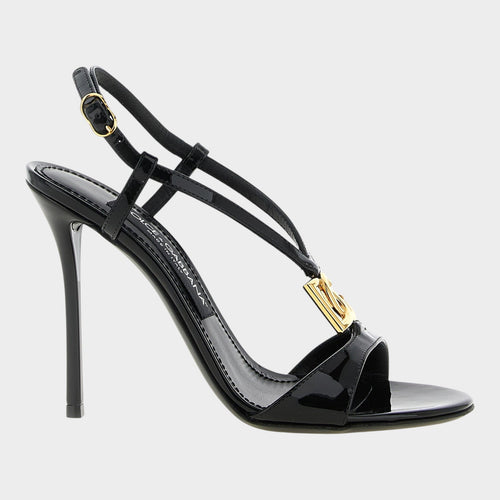 Esmire & Co black patent calfskin stiletto sandals with gold DG logo and adjustable ankle strap