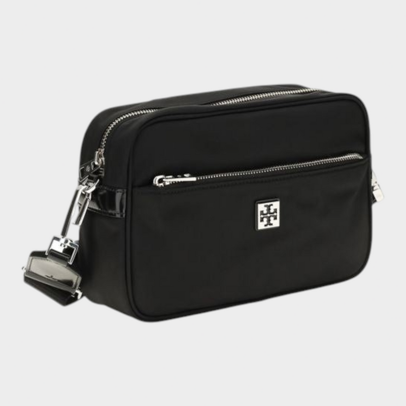 Esmire & Co Tory Burch Virginia black polyamide shoulder bag with silver hardware and front zip pocket