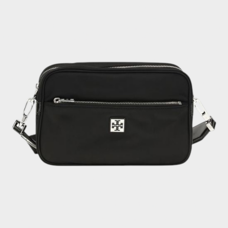 Esmire & Co Tory Burch Virginia black polyamide shoulder bag with silver hardware and front zip pocket