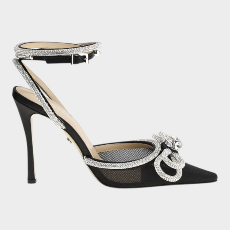 Esmire & Co MACH & MACH black silk satin pumps with crystal-embellished double bows, ankle straps, and stiletto heels.