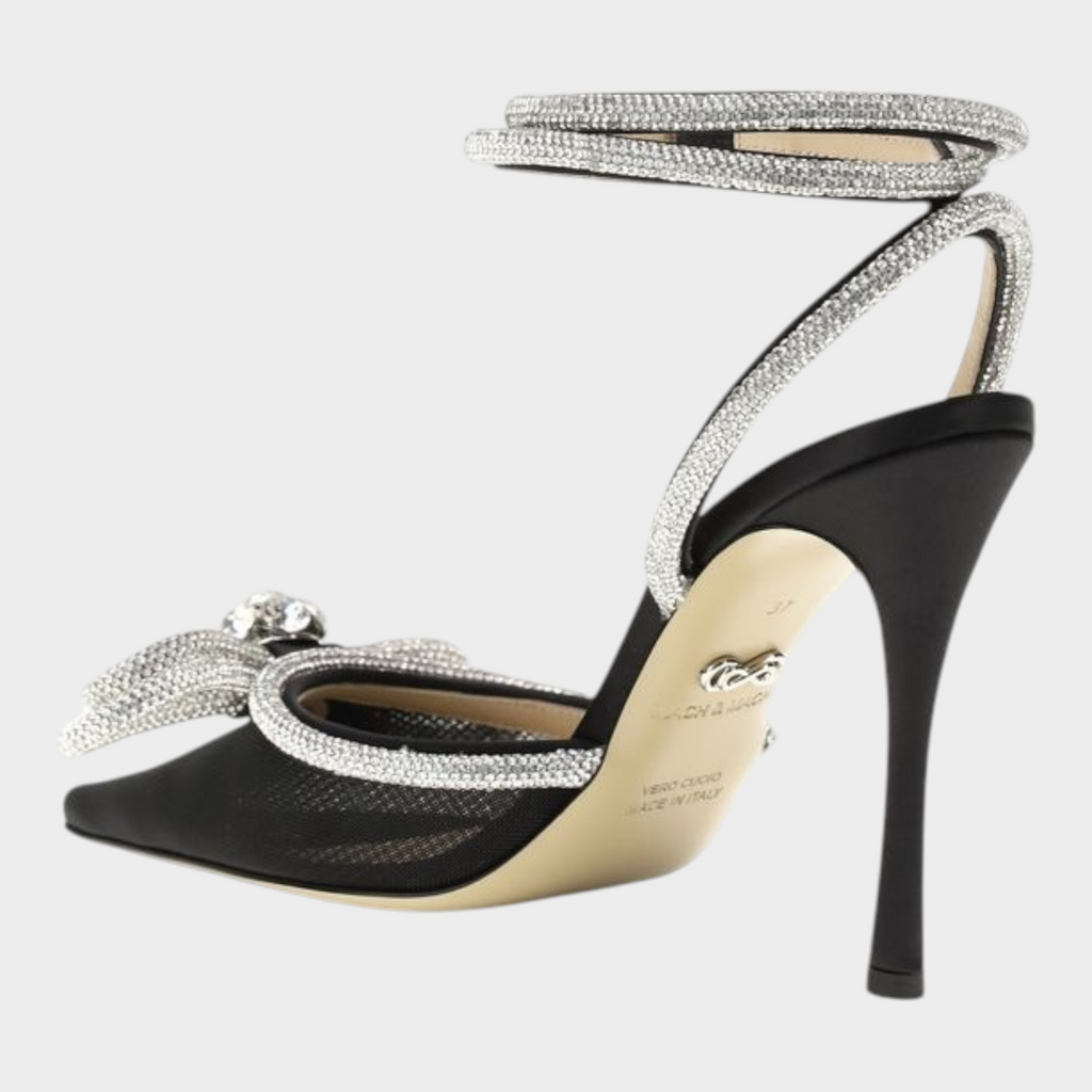 Esmire & Co black silk satin high heel pumps with crystal-studded double bow and sparkling ankle straps